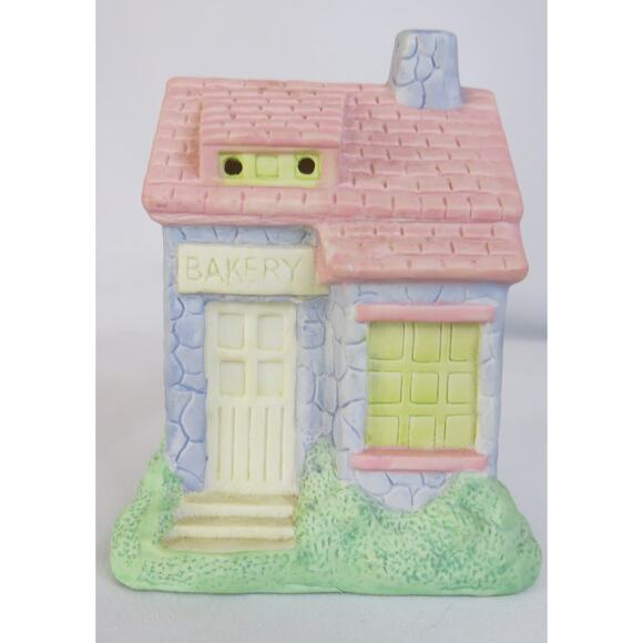 Vintage EASTER VILLAGE Bakery Ceramic House Light Up* 4"x5" Pink Purple 1980's - Picture 1 of 11